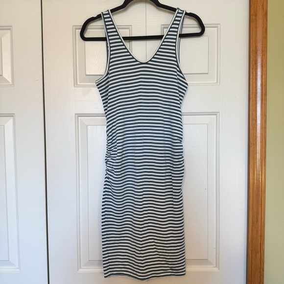 A PEA IN THE POD Blue Stripe Tank Midi Dress Stretch Jersey Rouching Maternity - Picture 1 of 8